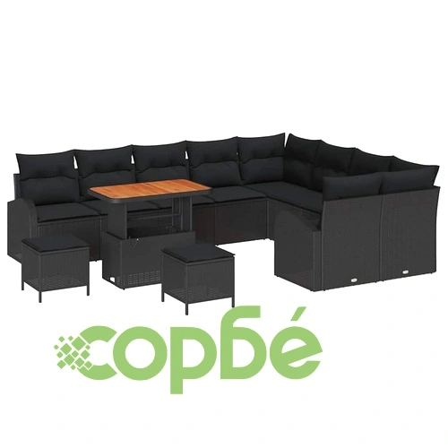 Градински комплект мебели 12 части с възглавници черен полиратан ➤ топ цена ➤ sorbe.bg