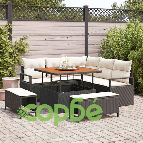 Градински комплект мебели 8 части с възглавници черен полиратан 100x100 см ➤ топ цена ➤ sorbe.bg