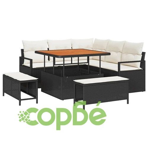 Градински комплект мебели 8 части с възглавници черен полиратан 100x100 см ➤ топ цена ➤ sorbe.bg