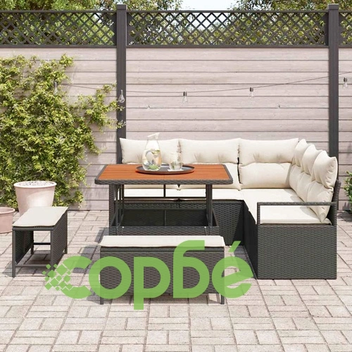 Градински комплект мебели 8 части с възглавници черен полиратан 100x100 см ➤ топ цена ➤ sorbe.bg