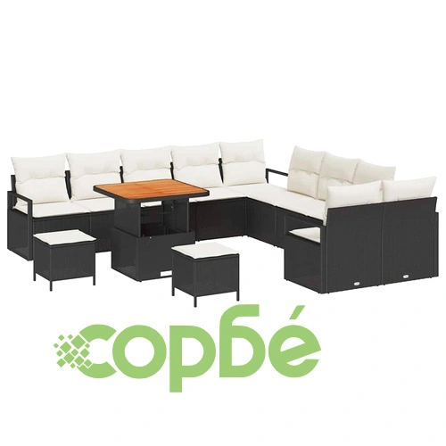 Градински комплект мебели 13 части с възглавници черен полиратан акация ➤ топ цена ➤ sorbe.bg