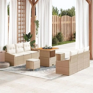 Градински комплект от 9 части с възглавници бежов полиратан акация