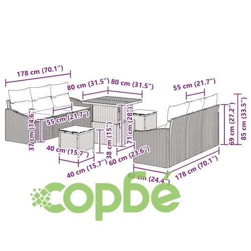 Градински комплект от 9 части с възглавници бежов полиратан акация ➤ топ цена ➤ sorbe.bg