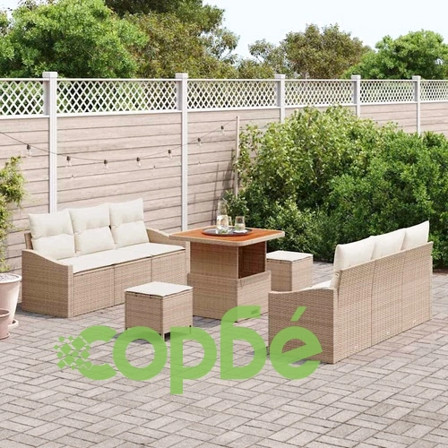 Градински комплект от 9 части с възглавници бежов полиратан акация ➤ топ цена ➤ sorbe.bg