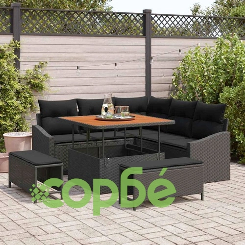 8-частен градински диван комплект с възглавници черен полиратан акация ➤ топ цена ➤ sorbe.bg