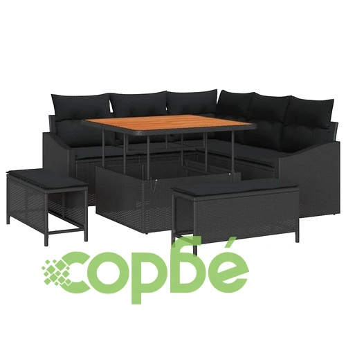 8-частен градински диван комплект с възглавници черен полиратан акация ➤ топ цена ➤ sorbe.bg