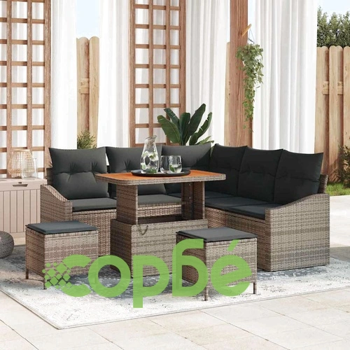 Градински комплект мебели 8 части с възглавници сив полиратан акация ➤ топ цена ➤ sorbe.bg