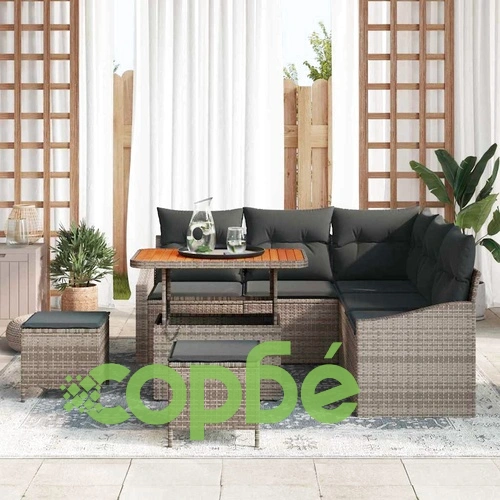 Градински комплект мебели 8 части с възглавници сив полиратан акация ➤ топ цена ➤ sorbe.bg