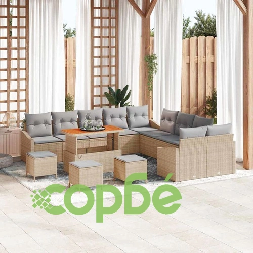 Градински диван комплект 14 части с възглавници бежов полиратан акация ➤ топ цена ➤ sorbe.bg