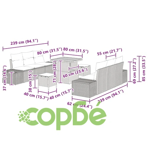Градински диван комплект 9 части с възглавници бежов полиратан 80x80 см ➤ топ цена ➤ sorbe.bg