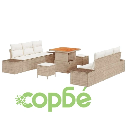 Градински диван комплект 9 части с възглавници бежов полиратан 80x80 см ➤ топ цена ➤ sorbe.bg
