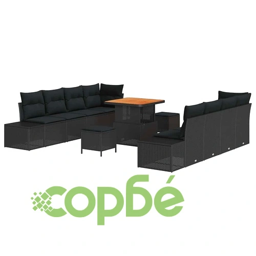 Градински комплект мебели 11 части с възглавници черен полиратан ➤ топ цена ➤ sorbe.bg