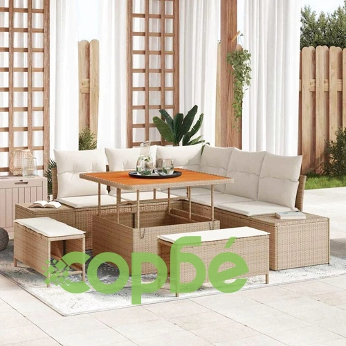 Градински комплект мебели 8 части с възглавници бежов полиратан акация ➤ топ цена ➤ sorbe.bg