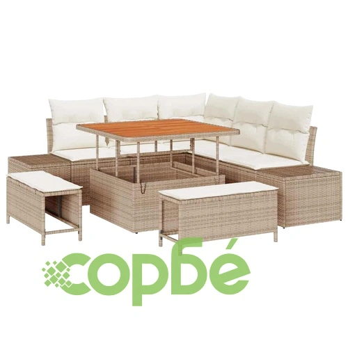 Градински комплект мебели 8 части с възглавници бежов полиратан акация ➤ топ цена ➤ sorbe.bg