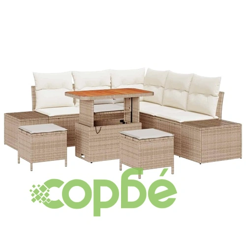 Градински комплект софа 8 части с възглавници бежово полиратан акация ➤ топ цена ➤ sorbe.bg