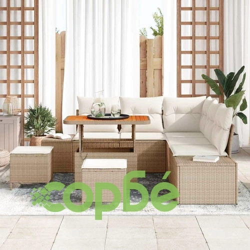 Градински комплект софа 8 части с възглавници бежово полиратан акация ➤ топ цена ➤ sorbe.bg