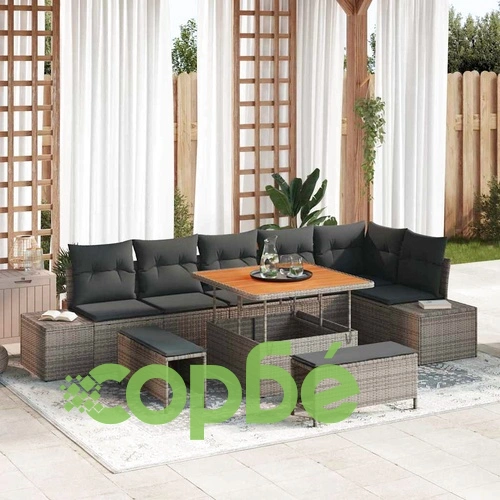 Градински комплект мебели 9 части с възглавници сив полиратан 100x100 см ➤ топ цена ➤ sorbe.bg