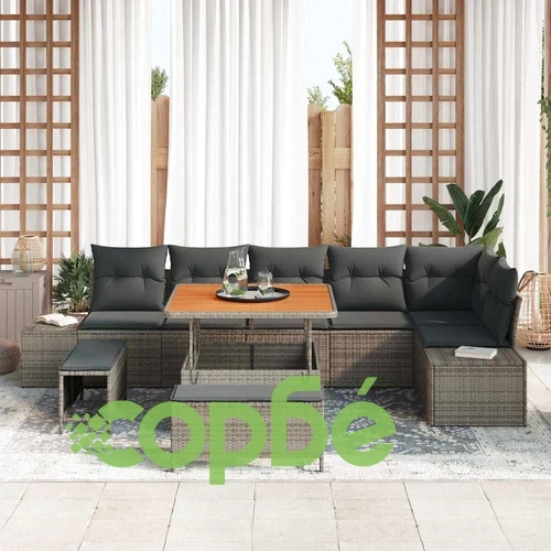 Градински комплект мебели 9 части с възглавници сив полиратан 100x100 см ➤ топ цена ➤ sorbe.bg