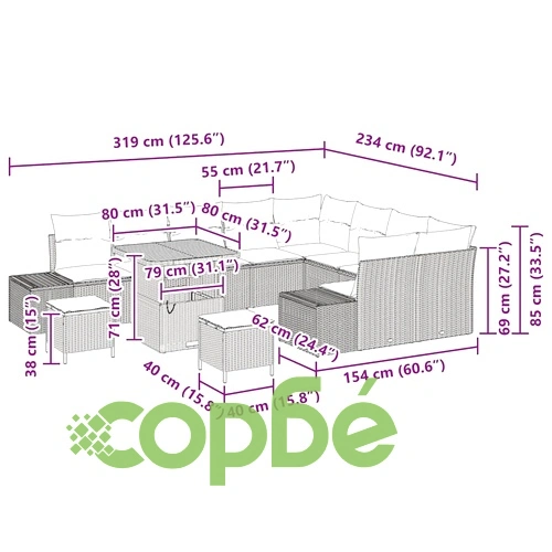 Градински комплект мебели 12 части с възглавници бежов полиратан 80x80 см ➤ топ цена ➤ sorbe.bg
