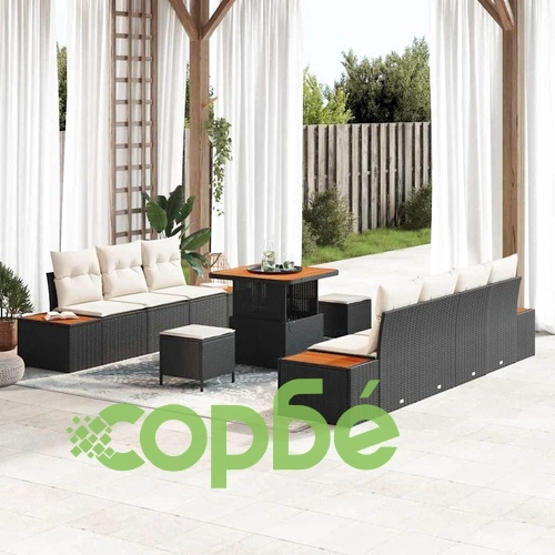 Градински комплект от полиратан с възглавници 10 части черен акация ➤ топ цена ➤ sorbe.bg