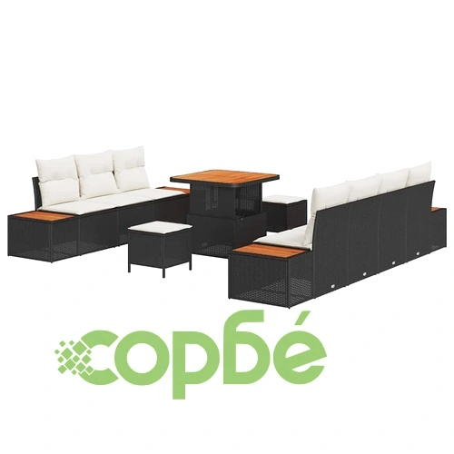 Градински комплект от полиратан с възглавници 10 части черен акация ➤ топ цена ➤ sorbe.bg