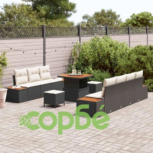 Градински комплект от полиратан с възглавници 10 части черен акация ➤ топ цена ➤ sorbe.bg