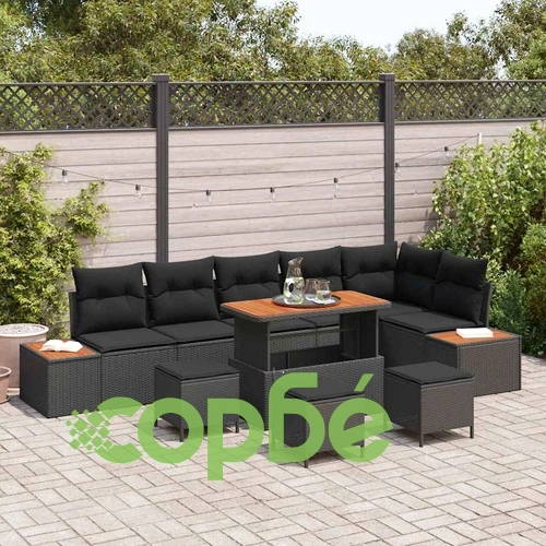 Градински комплект мебели 10 части с възглавници черен полиратан и акация ➤ топ цена ➤ sorbe.bg