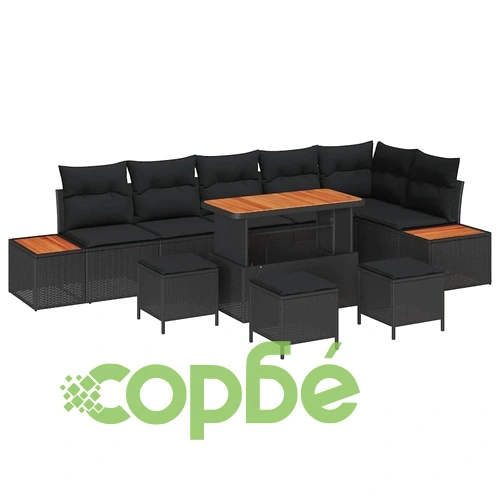 Градински комплект мебели 10 части с възглавници черен полиратан и акация ➤ топ цена ➤ sorbe.bg