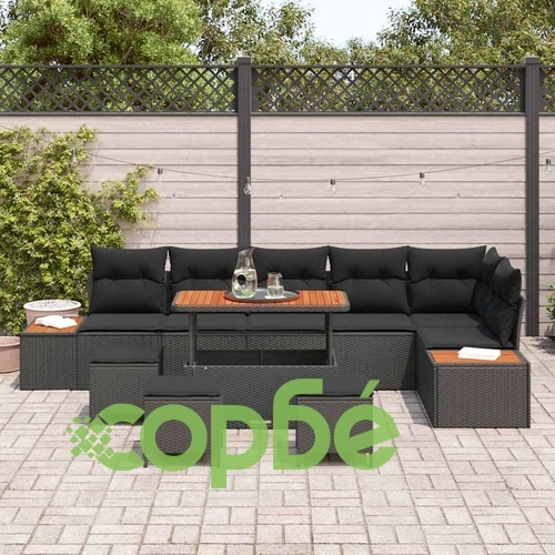 Градински комплект мебели 10 части с възглавници черен полиратан и акация ➤ топ цена ➤ sorbe.bg