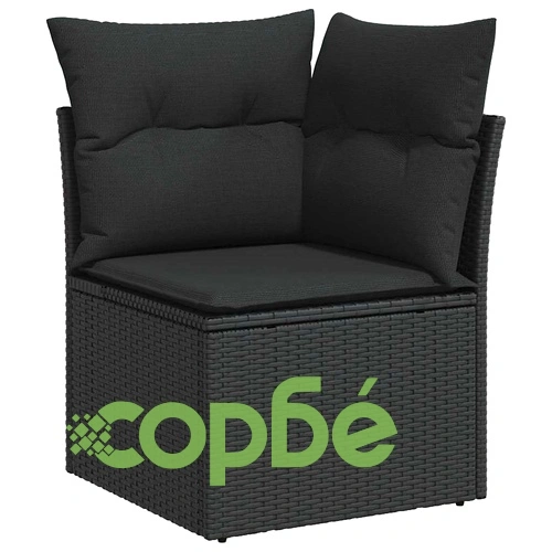 Градински комплект мебели 10 части с възглавници черен полиратан и акация ➤ топ цена ➤ sorbe.bg