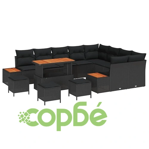 Градински комплект мебели 13 части с възглавници черен полиратан акация ➤ топ цена ➤ sorbe.bg