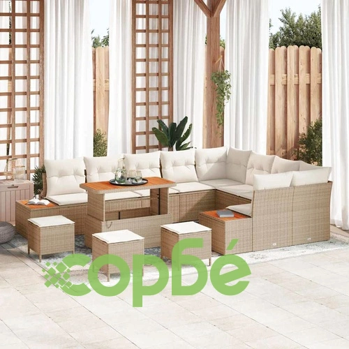 Градински комплект мебели 13 части с възглавници бежов полиратан и акация ➤ топ цена ➤ sorbe.bg