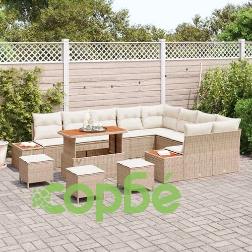 Градински комплект мебели 13 части с възглавници бежов полиратан и акация ➤ топ цена ➤ sorbe.bg