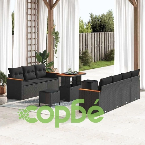 Градински диван комплект 10 части с възглавници черен полиратан акация ➤ топ цена ➤ sorbe.bg