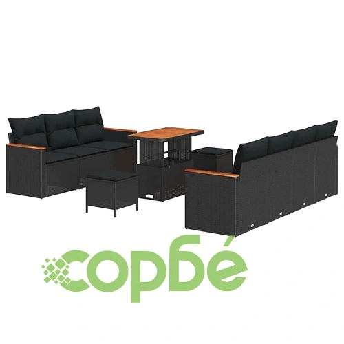 Градински диван комплект 10 части с възглавници черен полиратан акация ➤ топ цена ➤ sorbe.bg