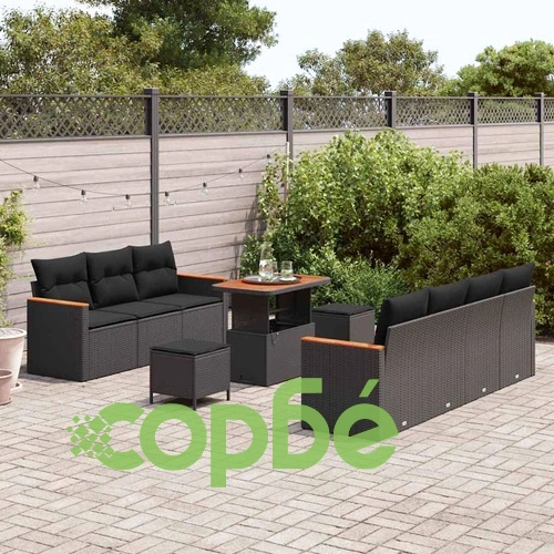 Градински диван комплект 10 части с възглавници черен полиратан акация ➤ топ цена ➤ sorbe.bg