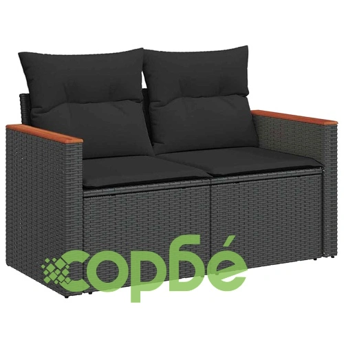 Градински диван комплект 10 части с възглавници черен полиратан акация ➤ топ цена ➤ sorbe.bg