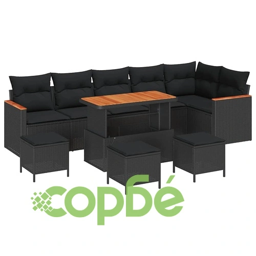 Градински комплект мебели 10 части с възглавници черен полиратан акация ➤ топ цена ➤ sorbe.bg