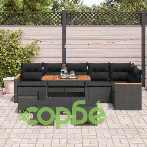 Градински комплект мебели 10 части с възглавници черен полиратан акация ➤ топ цена ➤ sorbe.bg