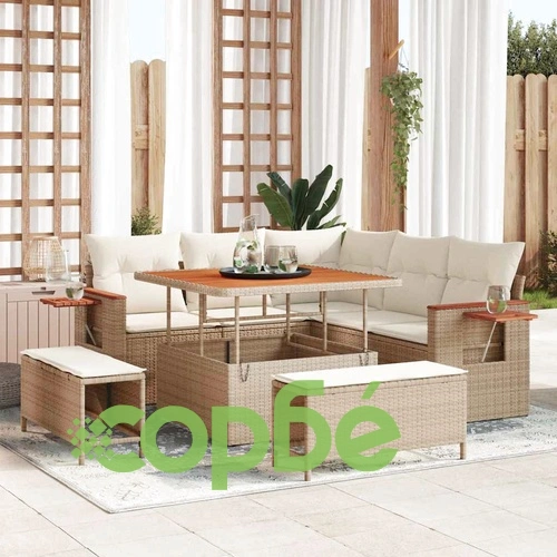 8-части градински диван комплект с възглавници от полиратан и акация бежово кремаво ➤ топ цена ➤ sorbe.bg