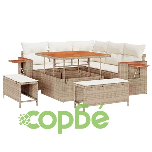 8-части градински диван комплект с възглавници от полиратан и акация бежово кремаво ➤ топ цена ➤ sorbe.bg