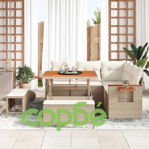 8-части градински диван комплект с възглавници от полиратан и акация бежово кремаво ➤ топ цена ➤ sorbe.bg