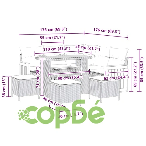 Градински комплект от 9 части с възглавници от полиратан и акация 110x55x71 см ➤ топ цена ➤ sorbe.bg