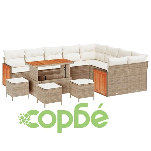 13-частен градински диван комплект с възглавници бежов полиратан акация ➤ топ цена ➤ sorbe.bg