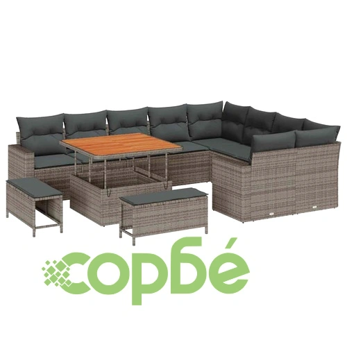 Градински диван комплект 12 части с възглавници сив полиратан акация 100x100x71 см ➤ топ цена ➤ sorbe.bg
