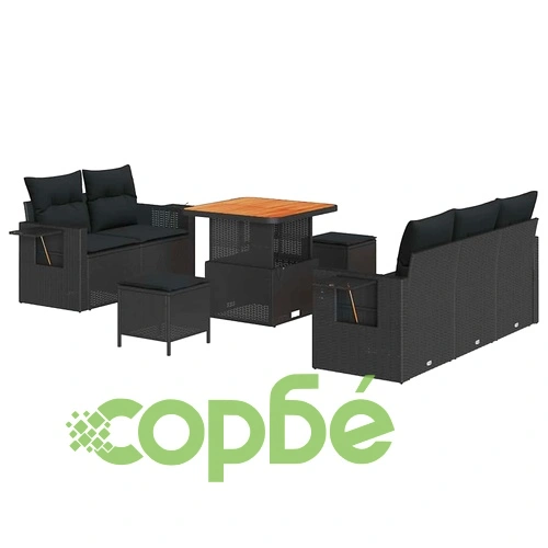 Градински комплект 8 части полиратан черен 80x80x71 см с възглавници ➤ топ цена ➤ sorbe.bg