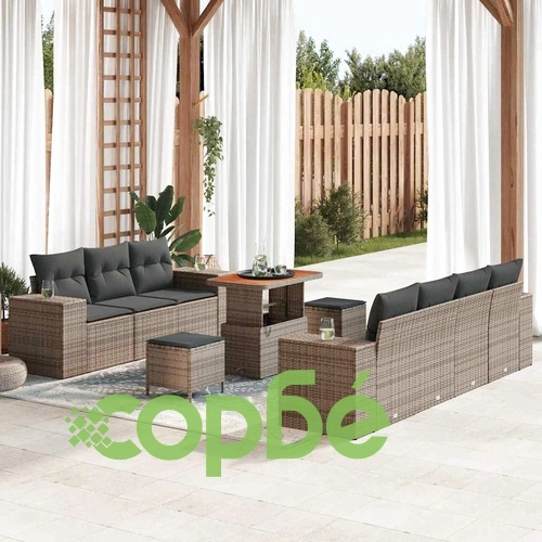 Градински комплект от 10 части с възглавници сив полиратан и акация 90x55x71 см ➤ топ цена ➤ sorbe.bg