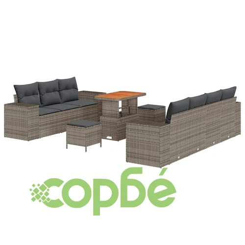 Градински комплект от 10 части с възглавници сив полиратан и акация 90x55x71 см ➤ топ цена ➤ sorbe.bg