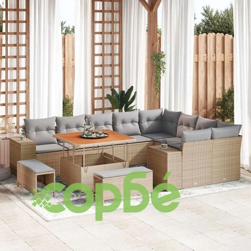 12-части Градински Диван Комплект с Възглавници Бежов Полиратан ➤ топ цена ➤ sorbe.bg