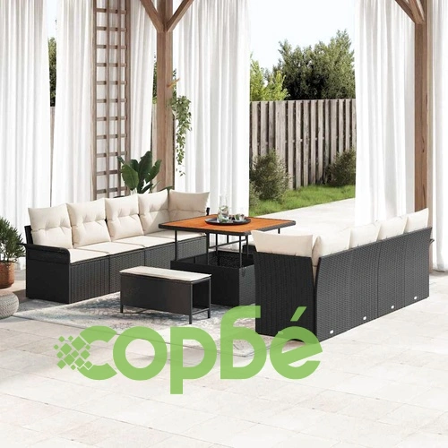 Градински модулен комплект от 11 части с възглавници черен полиратан и акация 100x100x71 см ➤ топ цена ➤ sorbe.bg